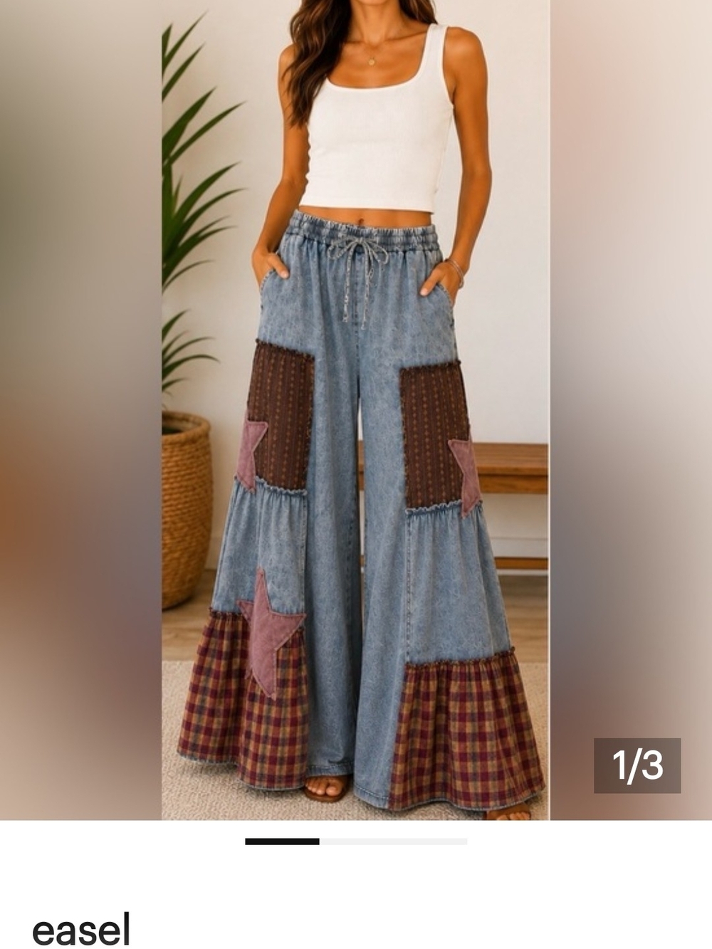 NEW easel Patchwork Wide Leg Jeans with Plaid & Star Accents